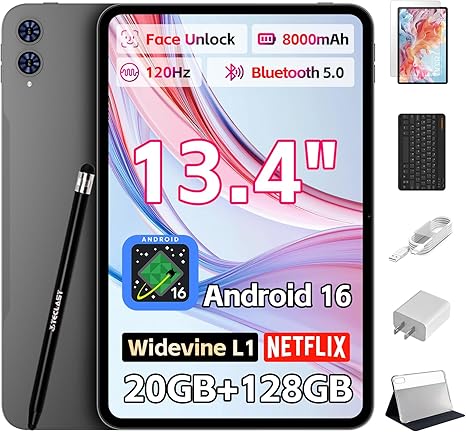 TECLAST 13" Best Android 16 Tablet with Keyboard Bundle, Gaming Tablet with Keyboard|Case|Pen|Protective Film, 20GB RAM+128GB ROM, 120Hz, Octa-Core, 8000mAh, 4G LTE, Balances Work and Leisure