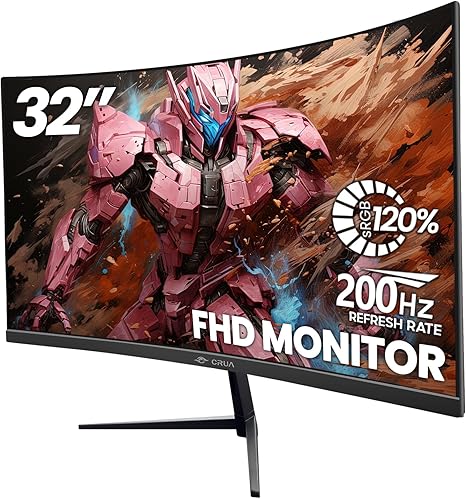 CRUA 32Inch Curved Gaming Monitor, FHD(1920 * 1080P) VA Screen 165Hz/200Hz, 1800R VA Screen, 120% sRGB, Computer Monitor that Support AMD Freesync, HDMI, DP, Wall Mountable Installs-Black